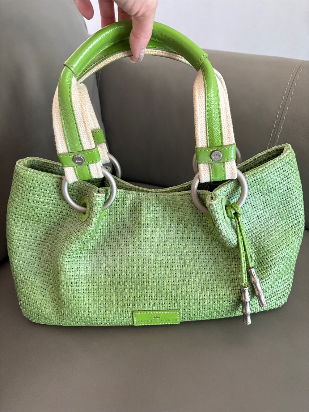 Elaine Turner Lime Green Woven Shoulder Tote with Wristlet